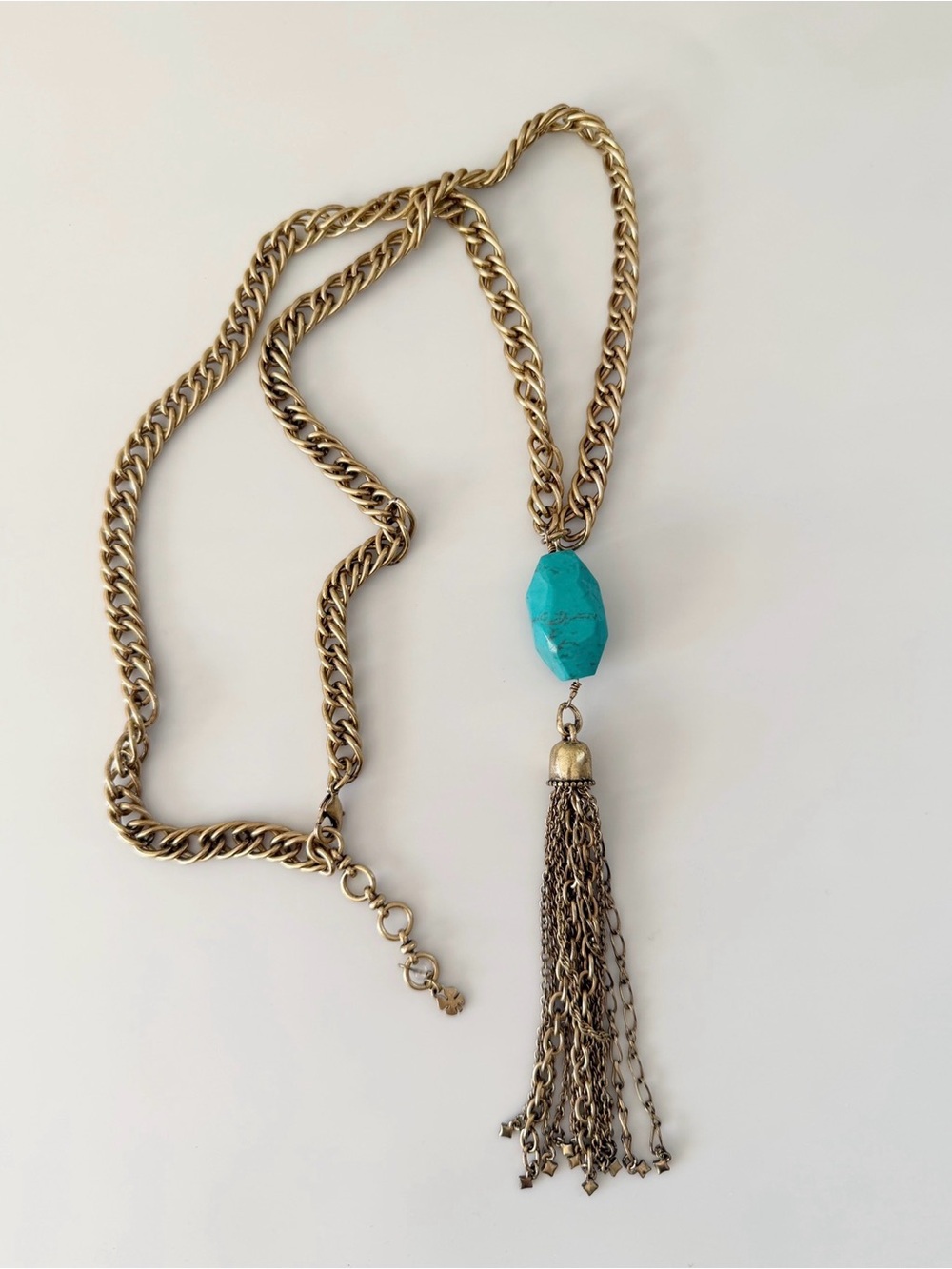 Lucky Brand Turquoise Tassel Gold Tone Long Statement Boho Necklace